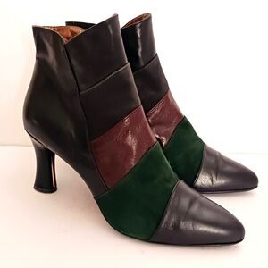 VTG Schuh Ilsky Heeled Ankle Boot Color Block Stripe Blk Leather Suede EU 38.5